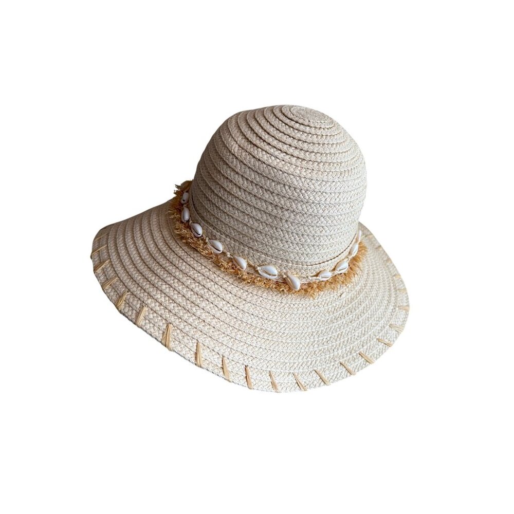 J. Jill Wide Brim Straw Sun Hat With Shells &‎ Fringe Detail